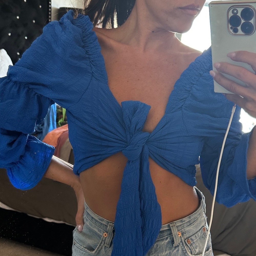 Moon River Royal Blue Tie-Front Blouse